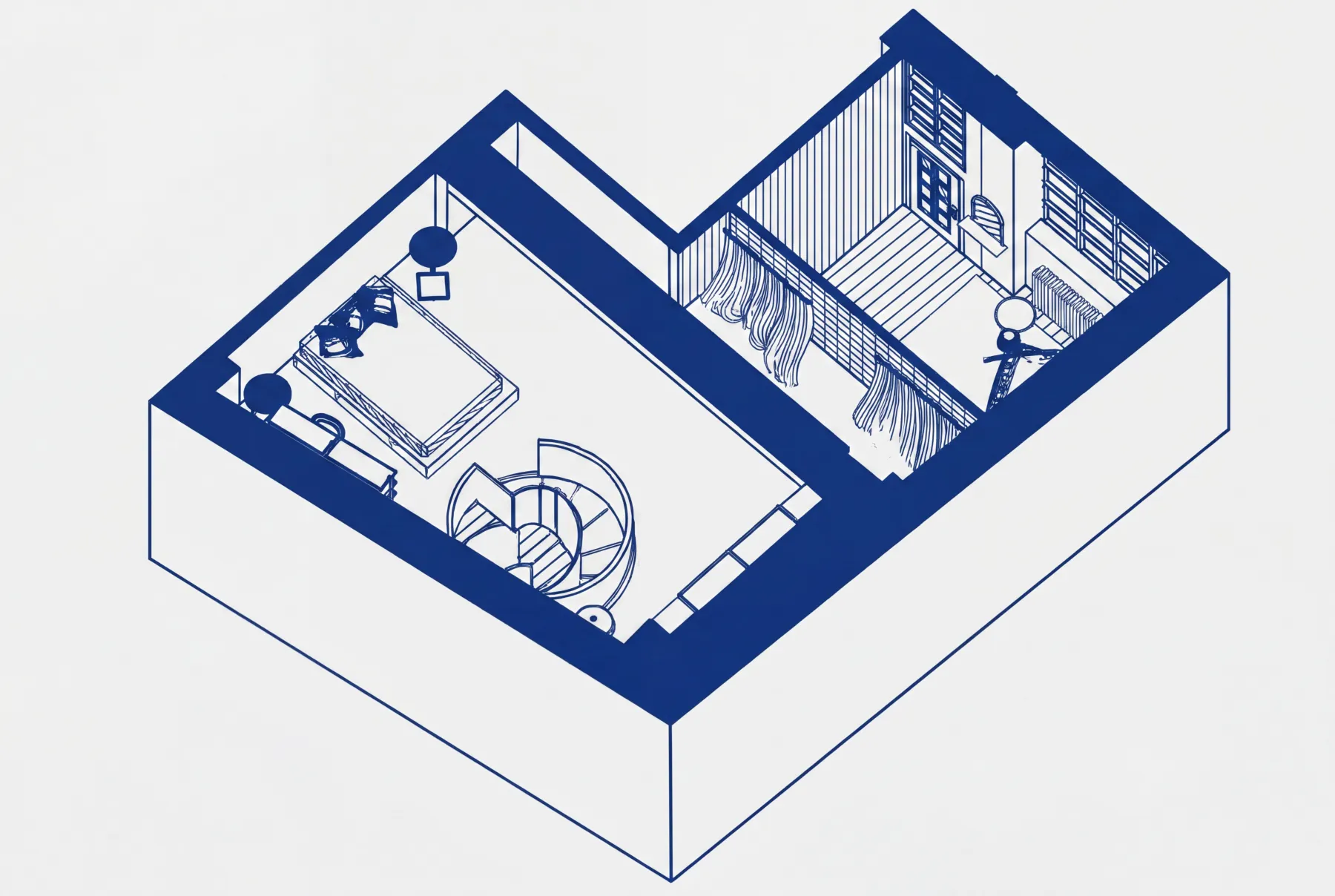 Milano Design Loft: isometric plan of the Milan loft with mezzanine, spiral stair and bedroom