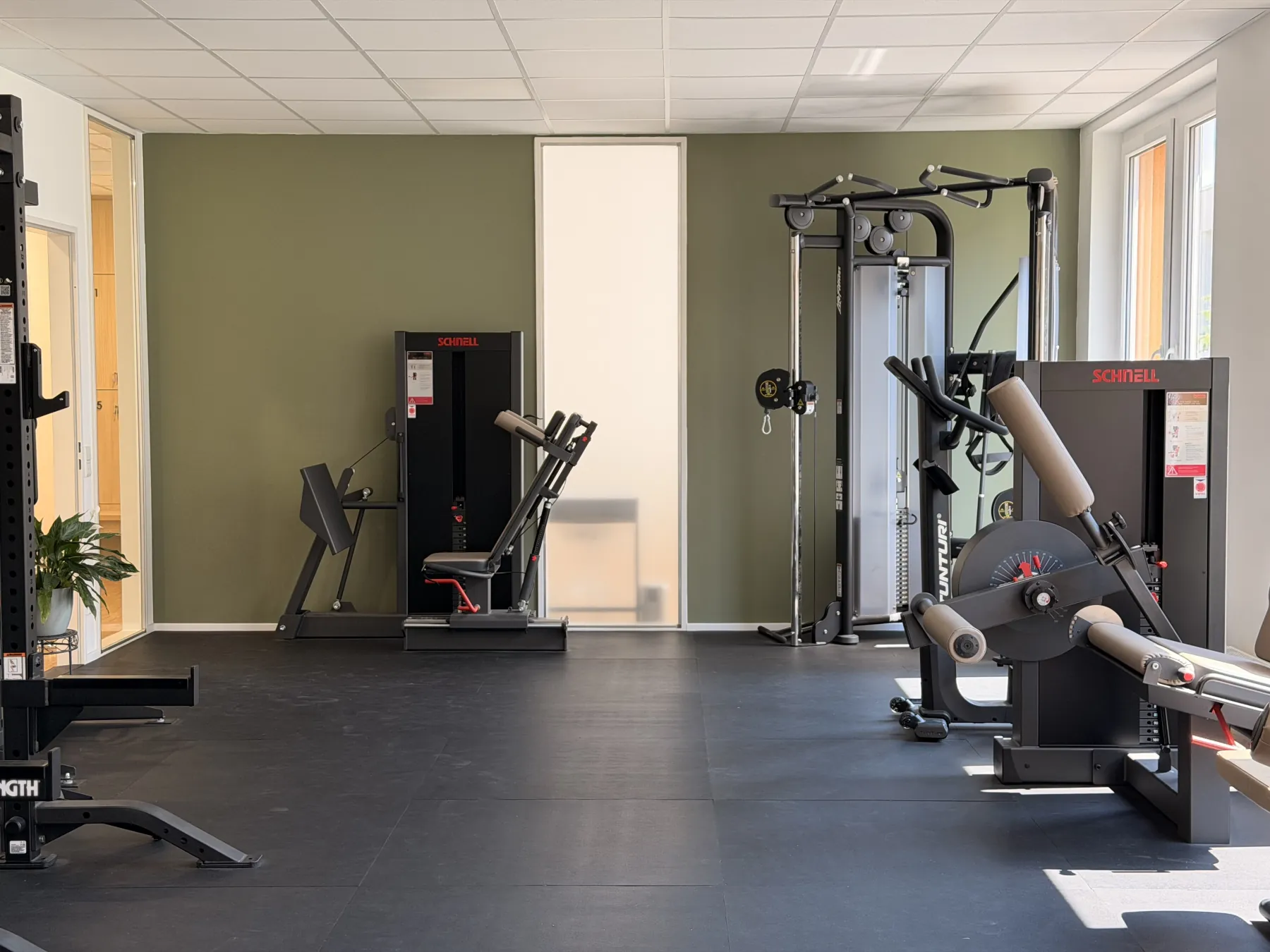 Physiotherapy Practice Munich: training machines against an olive-green wall on a dark rubber floor