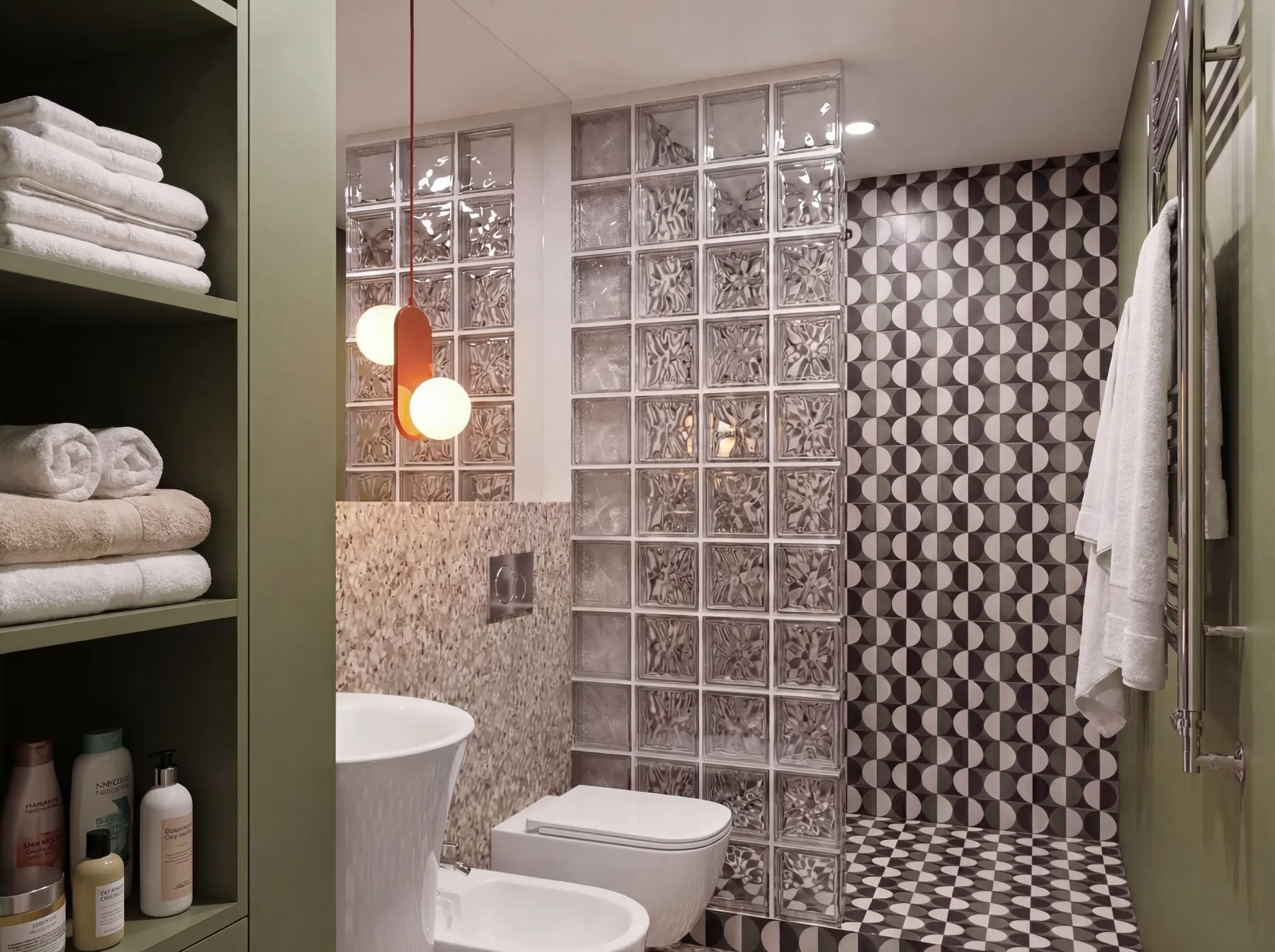 Milano Design Loft: loft bathroom in Milan with a glass-block wall, green joinery and graphic tiling