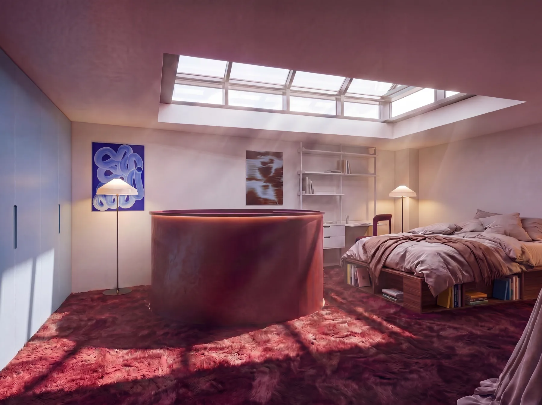 Milano Design Loft: Milan bedroom under a skylight with a round copper tub and bordeaux flooring