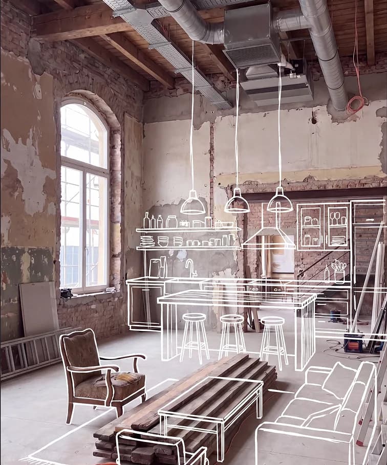 The same raw loft with the planned kitchen, lighting and furniture drawn over it in white line